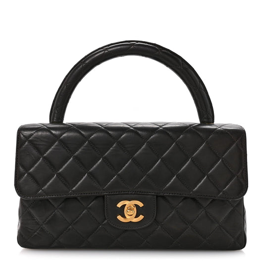 Lambskin Quilted Medium Rectangular Kelly Flap Bag Black