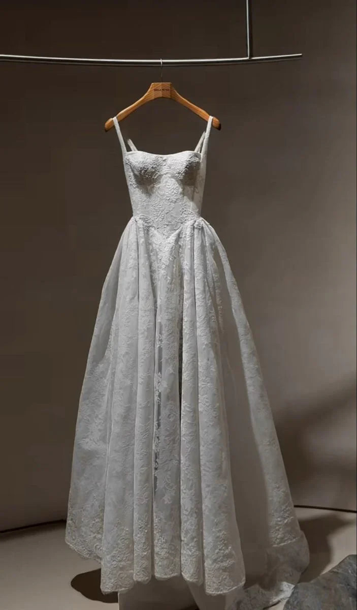 Elegant White Straps A-Line Lace Wedding Dresses Pretty Bridal Dresses, D1181