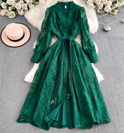 French retro palace style dress embroidery waist slim long lace dress female high-end exquisite dress R0328