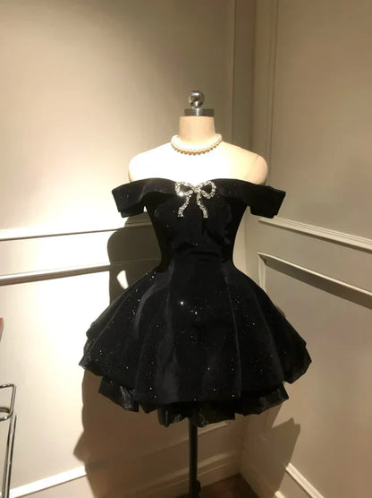 Black Off Shoulder A-Line Short Birthday Outfits Homecoming Dress, D1253