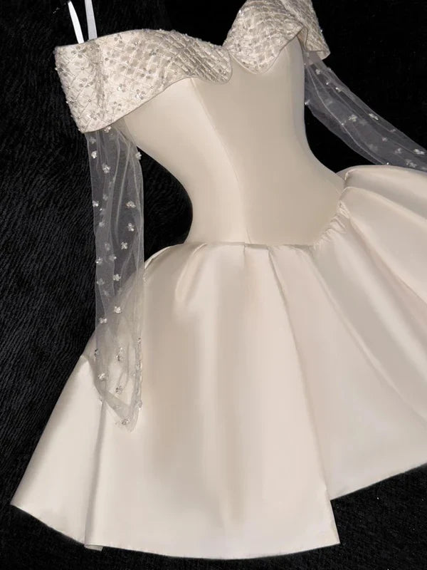 White Off Shoulder A-Line Satin Short Party Dresses Birthday Party Dresses, D1257