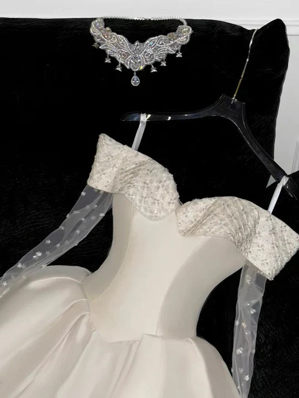 White Off Shoulder A-Line Satin Short Party Dresses Birthday Party Dresses, D1257