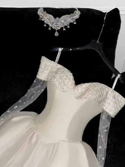 White Off Shoulder A-Line Satin Short Party Dresses Birthday Party Dresses, D1257