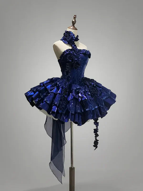 Royal Blue Strapless A-Line Tiered Short Party Dresses Homecoming Dresses, D1258