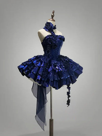 Royal Blue Strapless A-Line Tiered Short Party Dresses Homecoming Dresses, D1258