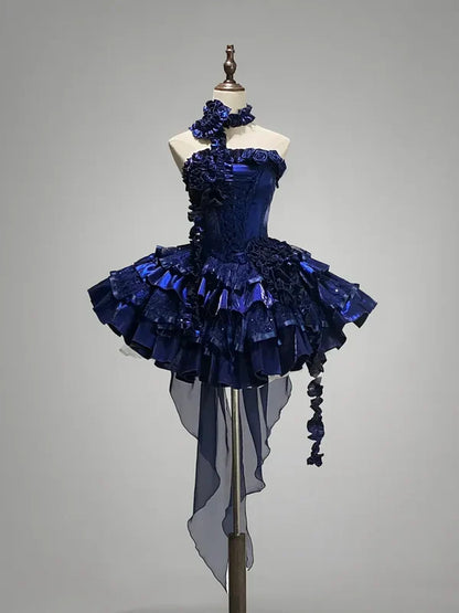 Royal Blue Strapless A-Line Tiered Short Party Dresses Homecoming Dresses, D1258