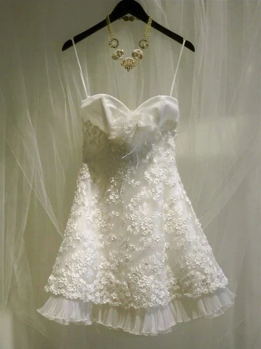 Lovely White Spaghetti Straps A-Line Lace Short Party Dresses Birthsday Outfits, D1260