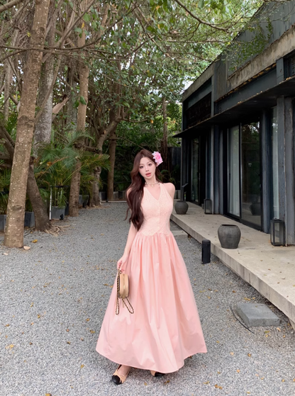 Temperament pink v-neck lace sleeveless dress pretty little skirt R0620