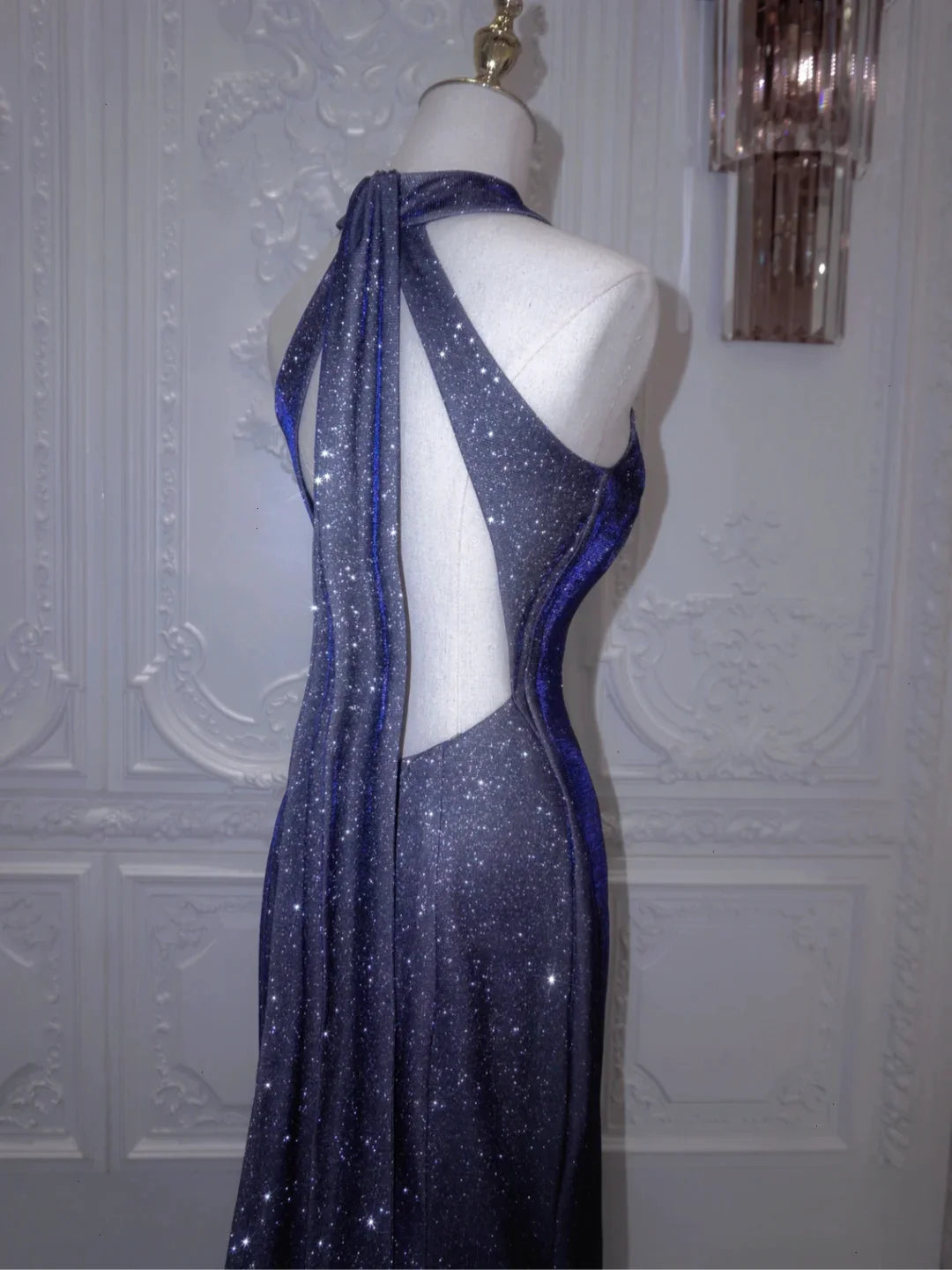 Shiny Navy Halter Backless Mermaid Satin Long Formal Prom Dress, D197