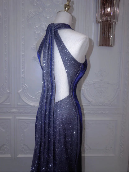 Shiny Navy Halter Backless Mermaid Satin Long Formal Prom Dress, D197