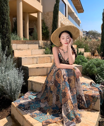 French retro v-neck floral camisole a-line skirt two-piece suit R0603