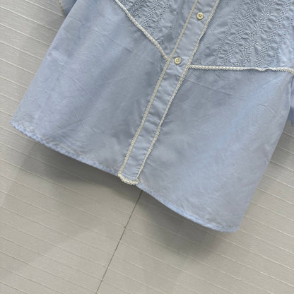 Prada 25 Lace Short-sleeved Shirt Blue Cotton