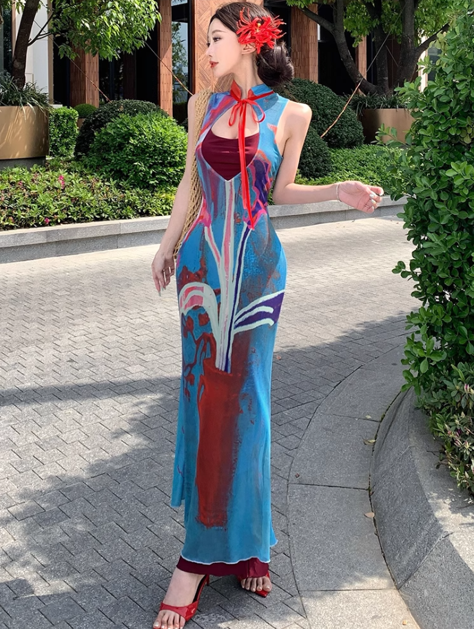 Retro contrast color hollow dress sexy temperament waist slim hip skirt R0658