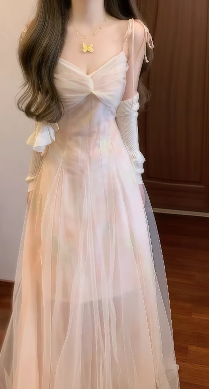 Gentle and elegant mesh suspender dress, beautiful waist and elegant long skirt R0490