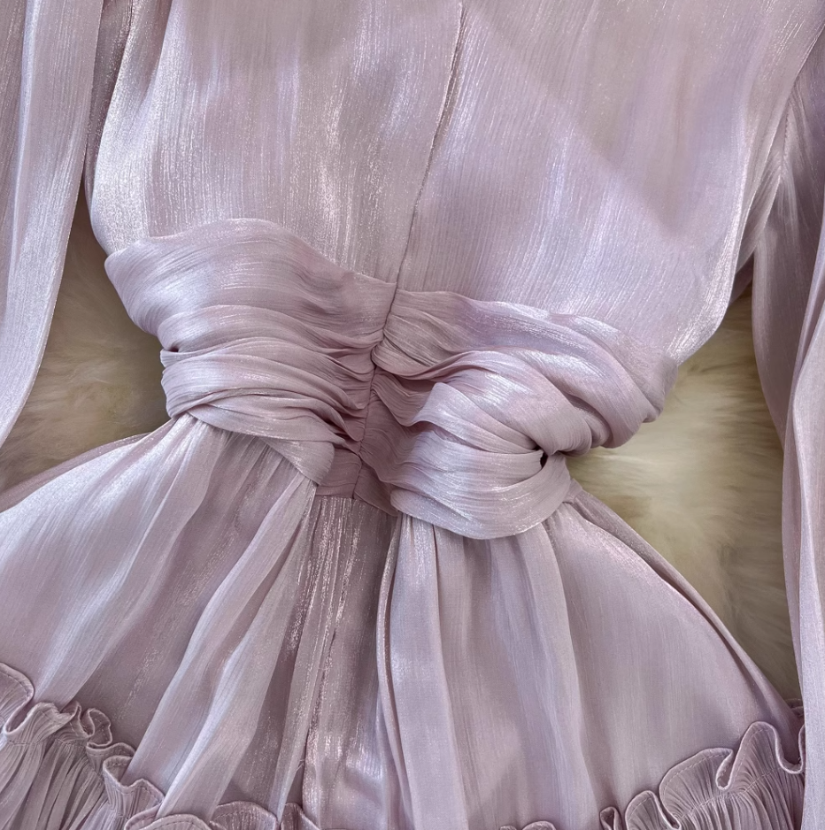 Spring and autumn lantern long sleeve stand collar waist slim pleated A-line dress holiday long skirt R0309