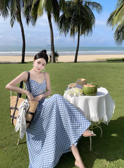 Blue and white plaid backless camisole new high waist swing skirt suit two piece set R0199