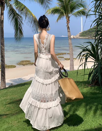 White heavy hollow lace cake dress female holiday style seaside fairy long skirt R0194