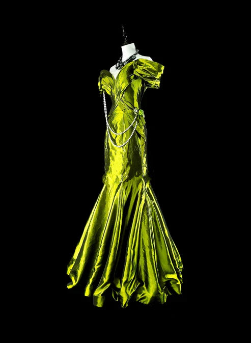Bright Green Off Shoulder Mermaid Satin Vintage Long Evening Party Dress, D895