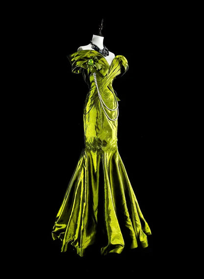 Bright Green Off Shoulder Mermaid Satin Vintage Long Evening Party Dress, D895