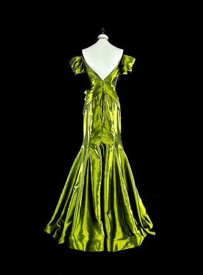 Bright Green Off Shoulder Mermaid Satin Vintage Long Evening Party Dress, D895