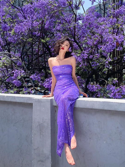 Purple Spaghetti Straps Sequins Mermaid Long Party Dress, D200