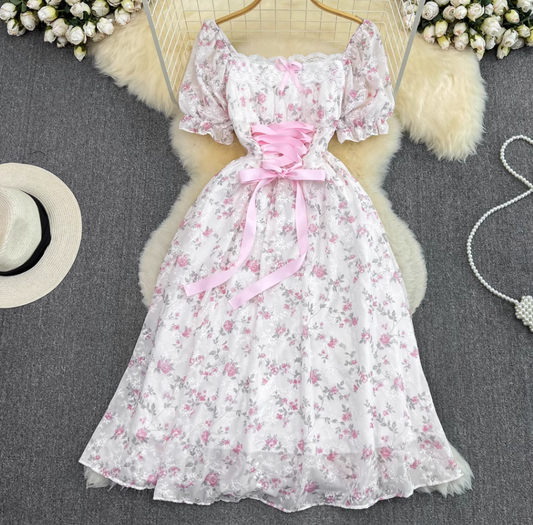 French sweet tea break dress gentle style bubble short sleeve square collar slim a-line chiffon dress R0315