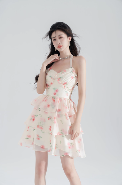 Super fairy new halter neck printed chiffon dress pure summer girl cake skirt fairy skirt female R4112
