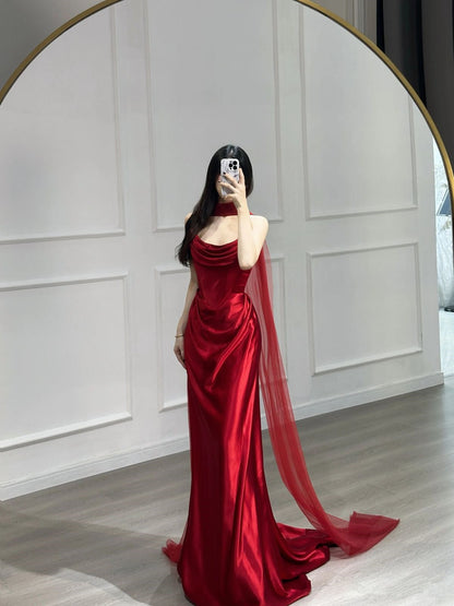 Charming Red Strapless Sheath Satin Long Party Dress Birthday Outfits, D251
