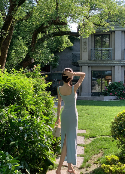 French square neck blue suspender dress waist temperament high-end slim long skirt R4338