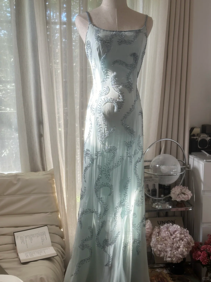Retro Light Green Sparkling Beaded Spaghetti Strap Design Elegant Chiffon Evening Dress Prom Dress D1487