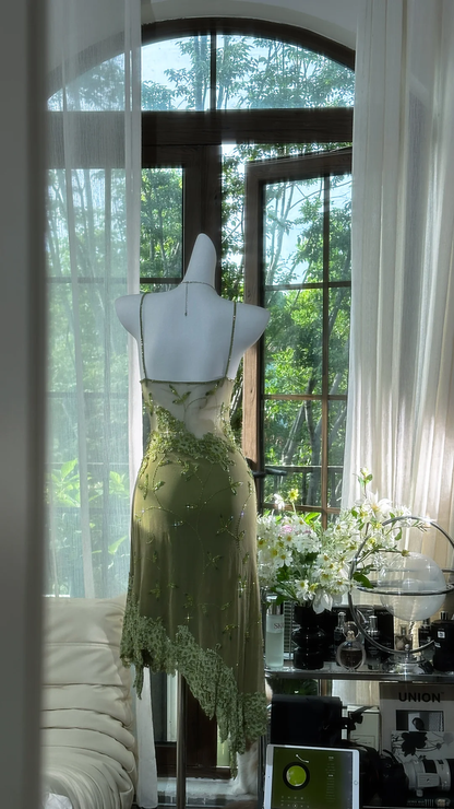 Retro Green Sequin Spaghetti Strap Romantic Shinny Chiffon Evening Dress Prom Dresses, D1458