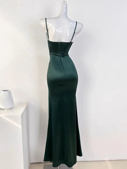 Green Spaghetti Straps Mermaid Satin Long Party Dress Wedding Guest Dress, D308