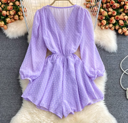 New fashion loose v-neck single-breasted waist strap chiffon puff sleeve jumpsuit wide-leg shorts trend R0350