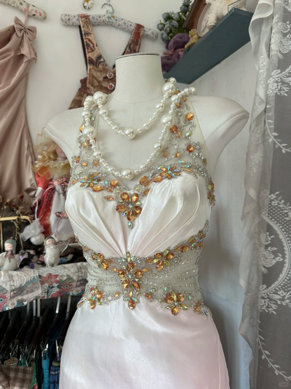 Ombre Pink Halter Beading A-Line Satin Vintage Long Party Dress, D331