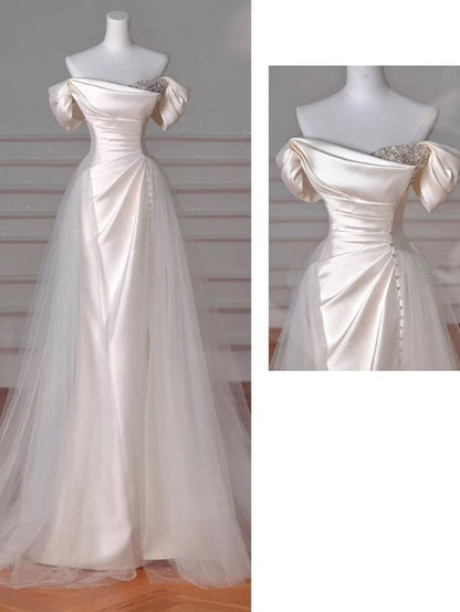 Elegant Off Shoulder Mermaid Satin Pretty Wedding Dress Prom Dress, D348
