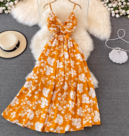 Beach dress super fairy seaside vacation long skirt V neck A line suspender dress R0342
