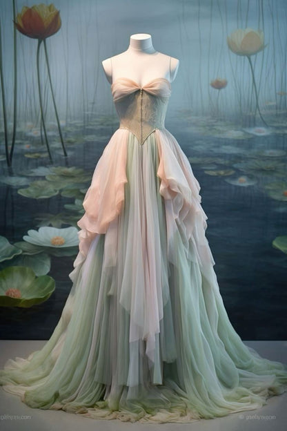 Elegant Strapless A-Line Ruffles Chiffon Fairy Long Formal Prom Dress, D358