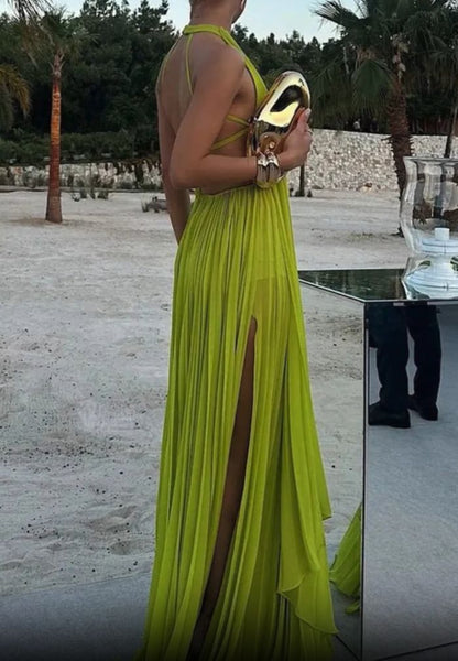 Green Halter Backless A-Line Chiffon Long Party Dress Elegant Evening Dress, D364