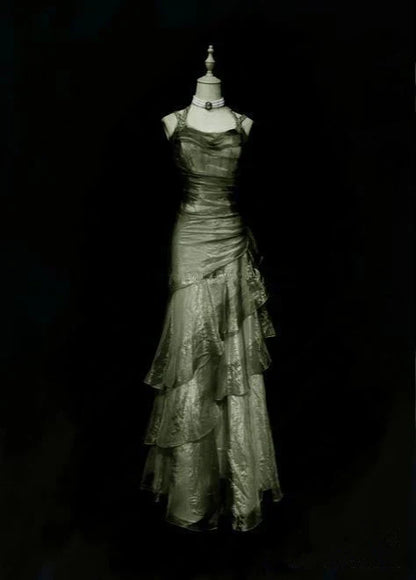 Green Straps Sheath Chiffon Vintage Long Prom Dress Evening Party Dress, D366