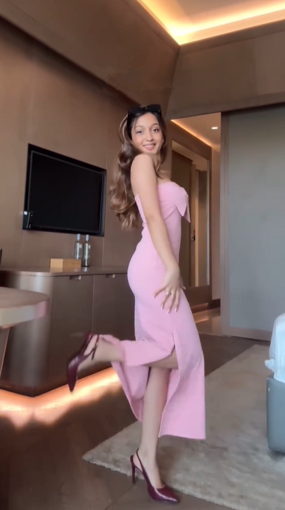 Pink Strapless Sheath Satin Long Party Dress Wedding Guest Dress, D368