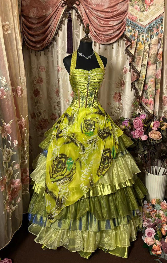 Green Halter A-Line Floral Tiered Long Party Dress Vintage Evening Ball Gown, D391