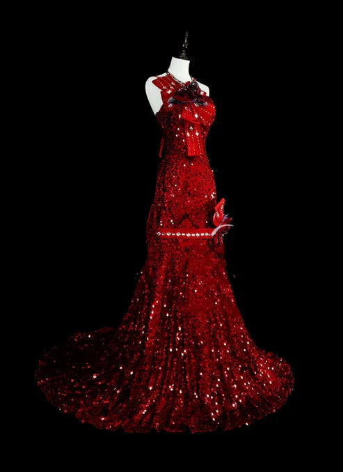 Charming Red One Shoulder Mermaid Sequins Vintage Long Evening Party Dress, D897