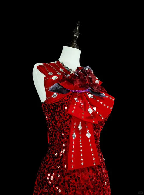 Charming Red One Shoulder Mermaid Sequins Vintage Long Evening Party Dress, D897