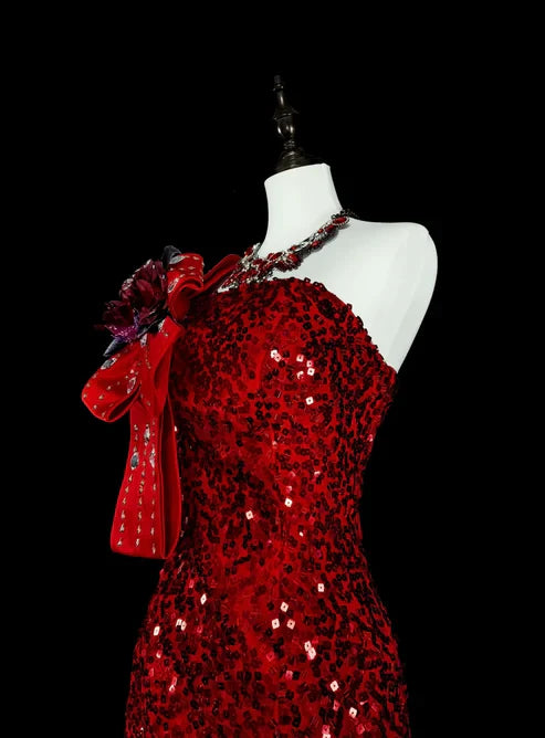 Charming Red One Shoulder Mermaid Sequins Vintage Long Evening Party Dress, D897
