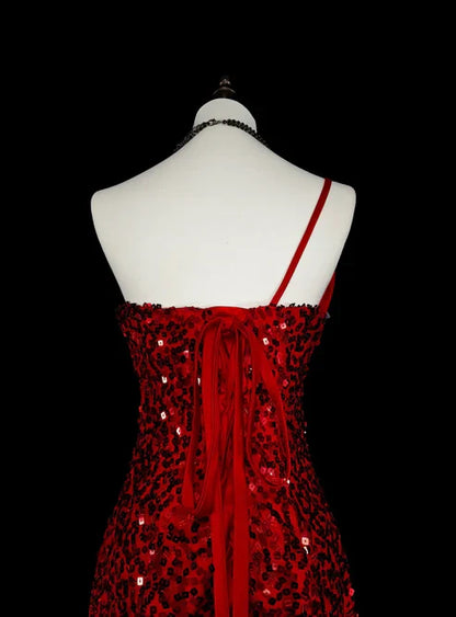 Charming Red One Shoulder Mermaid Sequins Vintage Long Evening Party Dress, D897