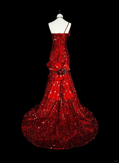 Charming Red One Shoulder Mermaid Sequins Vintage Long Evening Party Dress, D897