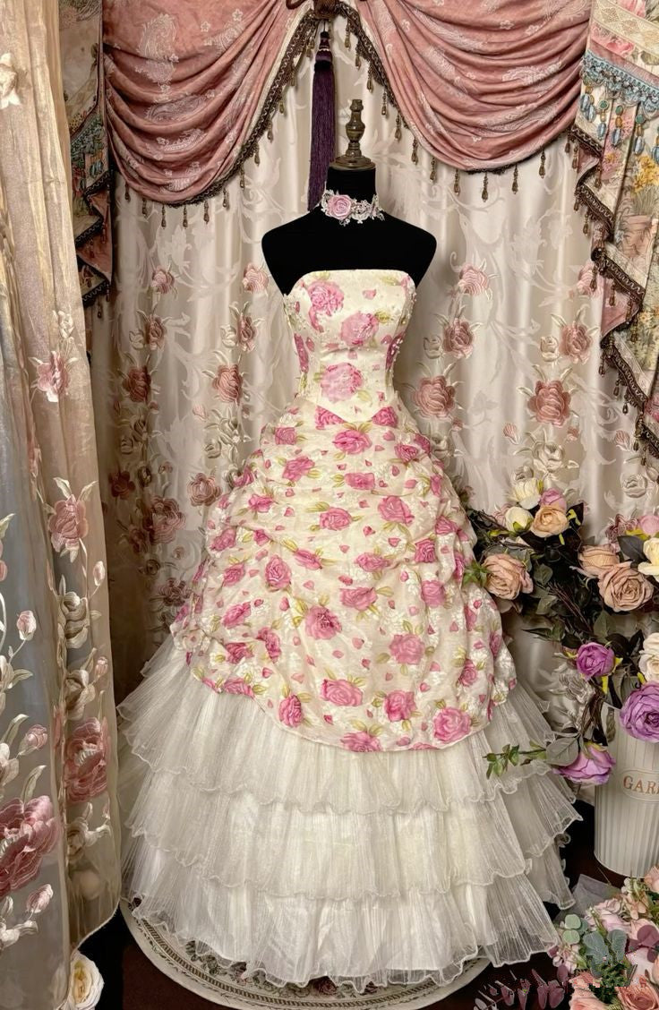 Strapless A-Line Rose Tiered Long Party Dress Vintage Evening Dress, D403