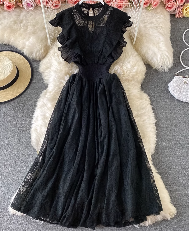 Lace round neck dress long sleeves fashionable slim fit elegant ruffled long skirt dress skirt R0396
