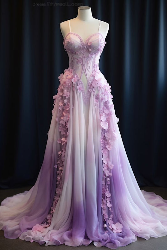 Lavender Straps A-Line Ombre Appliques Long Party Dress Formal Evening Gown, D430