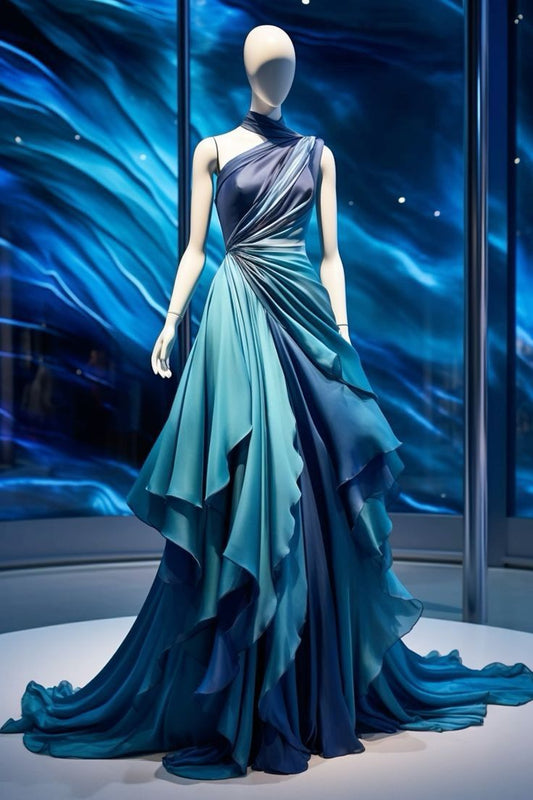 Blue One Shoulder A-Line Ombre Long Party Dress Formal Evening Gown, D432
